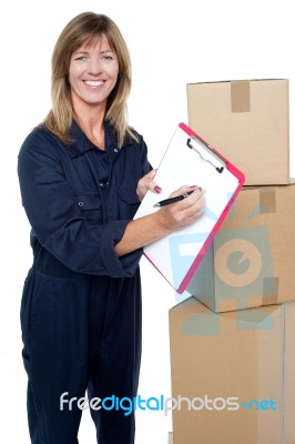Sign Here Please And Accept Delivery Of Goods Stock Photo