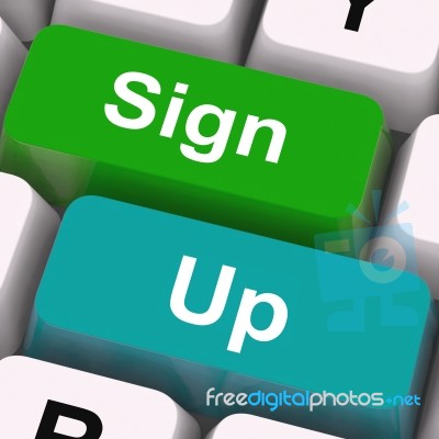 Sign Up Keys Mean Registration And Membership Stock Image