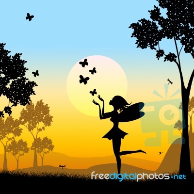 Silhouette Fairy Shows Faries Fairyland And Silhouettes Stock Image