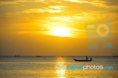 Silhouette Fisherman Are Taking Fishing Boat Stock Photo