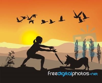 Silhouette lady playing with dog Stock Image