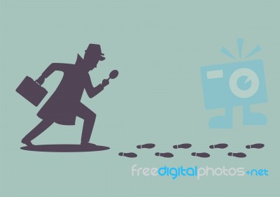 Silhouette Of Detective Investigate Is Following Footprints Stock Image