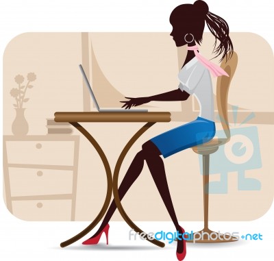 Silhouette Of Working Woman With Laptop Stock Image