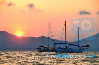 Silhouette Of Yacht Boats Stock Photo