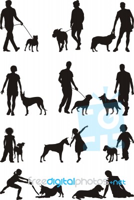 Silhouette People With Dog Stock Image