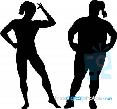 Silhouettes Of Bodybuilder And Fat Woman Stock Image