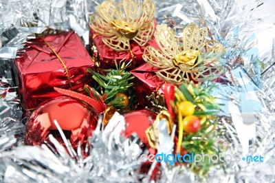 Silver Ribbon And Red Gift Box Stock Photo