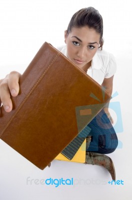 Sitting Girl Student Giving Book Stock Photo