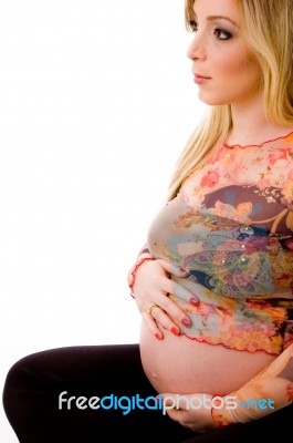 Sitting Pregnant Lady Holding Tummy Stock Photo Sitting Pregnant Lady Holding Tummy Stock Photo