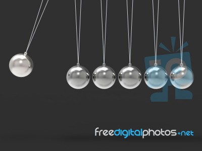 Six Silver Newtons Cradle Shows Blank Spheres Copyspace For 6 Le… Stock Image