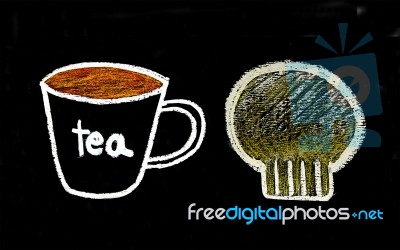 Sketch Chalk Of Bread And Tea On Blackboard Stock Photo