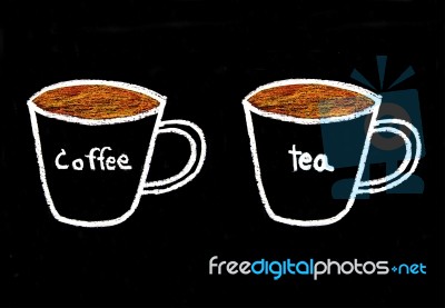 Sketch Chalk Of Coffee And Tea On Blackboard Stock Photo