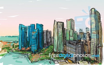 Sketch City Scape Of Singapore Skyline, Free Hand Draw Illustration Stock Image