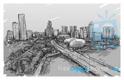 Sketch Cityscape Of Singapore Skyline, Free Hand Draw Illustration Stock Image