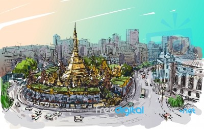 Sketch Cityscape Of Yangon, Myanmar On Topview Shwedagon Pagoda, Free Hand Draw Illustration Stock Image