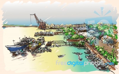 Sketch Cityscape Of Yangon, Myanmar Skyline, Show Docks At Pazundaung Creek, Free Hand Draw Illustration Stock Image
