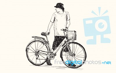 Sketch Of A Man And Bicycle, Free Hand Drawing Stock Image