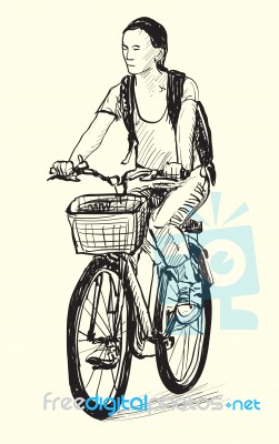 Sketch Of A Woman Riding Bicycle, Free Hand Drawing Illustration… Stock Image