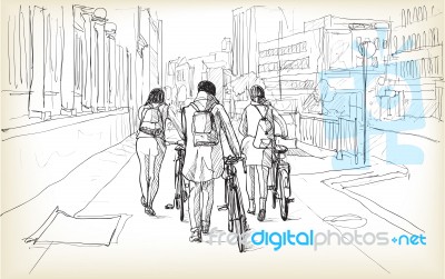 Sketch Of Bicycle Rider In Berlin, Free Hand Draw Illustration Stock Image