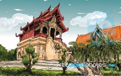 Sketch Of Cityscape Show Asia Style Temple Space In Thailand Stock Image