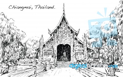 Sketch Of Cityscape Show Asia Style Temple Space In Thailand Stock Image