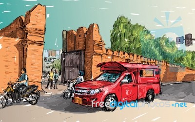 Sketch Of Cityscape Show Asia Style Trafic On Street And Buildin… Stock Image