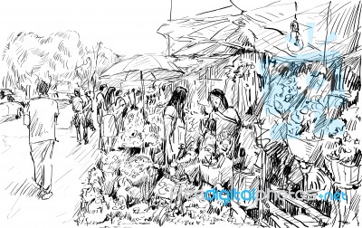 Sketch Of Cityscape Show Flower Market On Street In Thai Stock Image