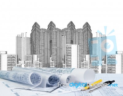 Sketching Of Modern Building And Plan Blueprint Stock Photo