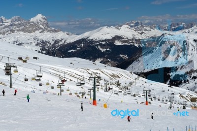 Skiing In The Dolomites At The Pordoi Pass Stock Photo