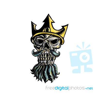 Skull Of Neptune Trident Crown Head  Woodcut Stock Image