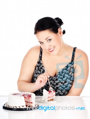 Slice Of Cake And Chubby Woman Stock Photo