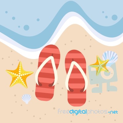 Slippers With Starfish And Shell On The Beach Stock Image