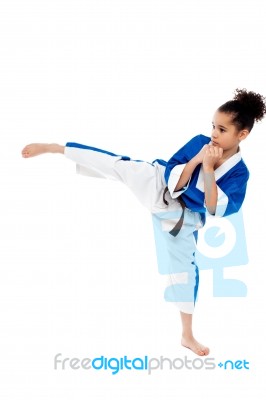 Small Kid Practicing Karate Kick Stock Photo