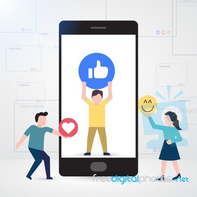 Small People Character Decorated Smartphone On Social Media Stock Image