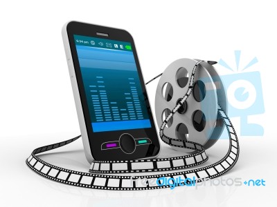 Smart Phone Mobile Video Concept, Mobile Phone And  Film Reel Stock Image