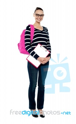 Smiling College Girl Carrying Bag Stock Photo