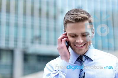 Smiling Corporate Guy Talking On The Phone Stock Photo