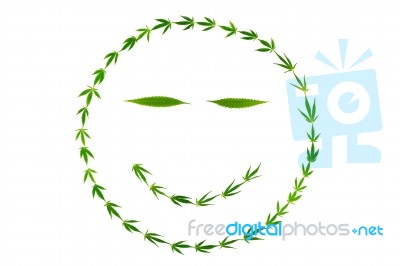 Smiling Face With Gooks Made Of Hemp Leaves Stock Photo Smiling Face With Gooks Made Of Hemp Leaves Stock Photo