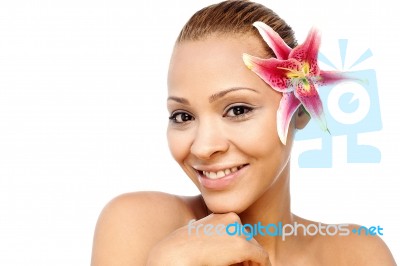 Smiling Female Model With Glowing Skin Stock Photo