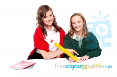 Smiling Girls Learning Books Stock Photo