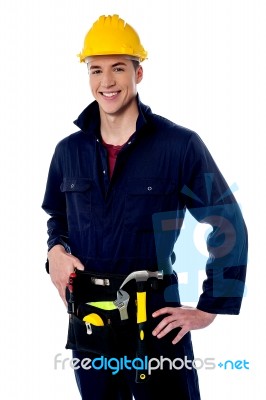 Smiling Handyman On White Background Stock Photo