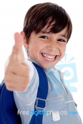 Smiling Kindergarten Boy Gives Thumbs Up Stock Photo