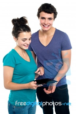 Smiling Lady Holding Tablet Pc Stock Photo