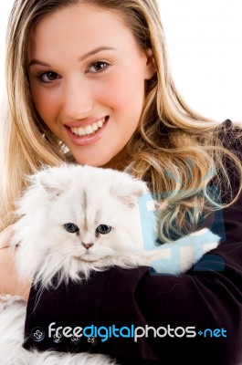 Smiling Lady Posing With Cat Stock Photo