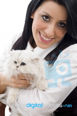 Smiling Lady Posing With Her Cat Stock Photo