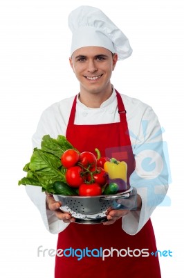 Smiling Male Chef With Fresh Vegetables Stock Photo