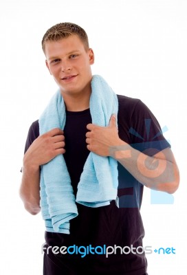 Smiling Man Holding Towel Stock Photo