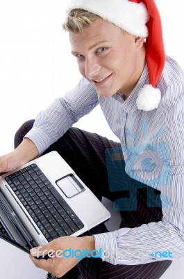 Smiling Man With Laptop Stock Photo
