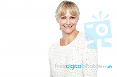 Smiling Middle Aged Woman In Trendy Wear Stock Photo