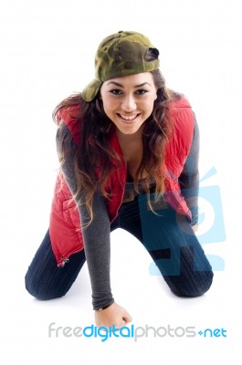 Smiling Sitting Woman Looking At Camera Stock Photo